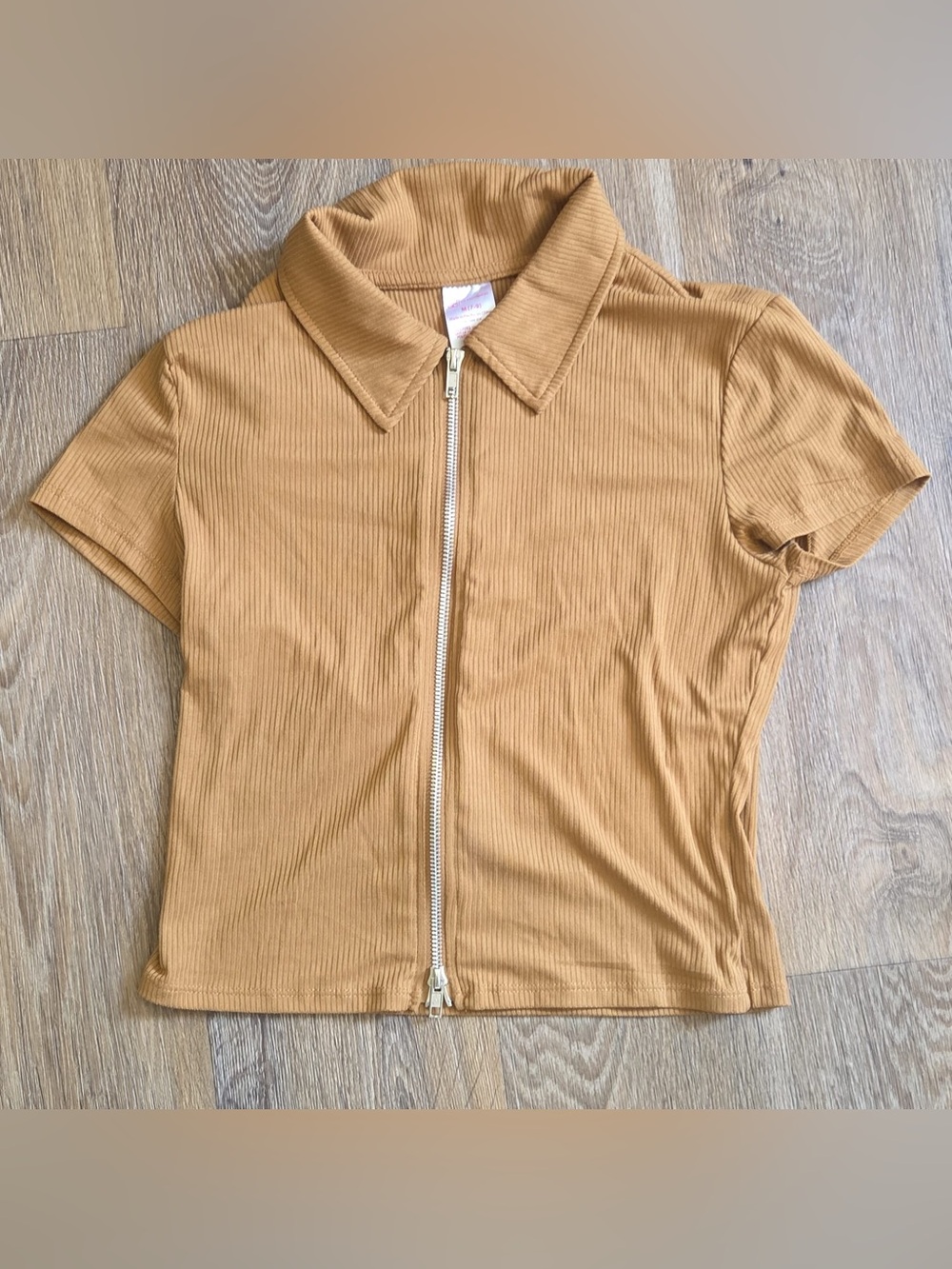 No Boundaries Ribbed Zip-Front Polo Top in Camel